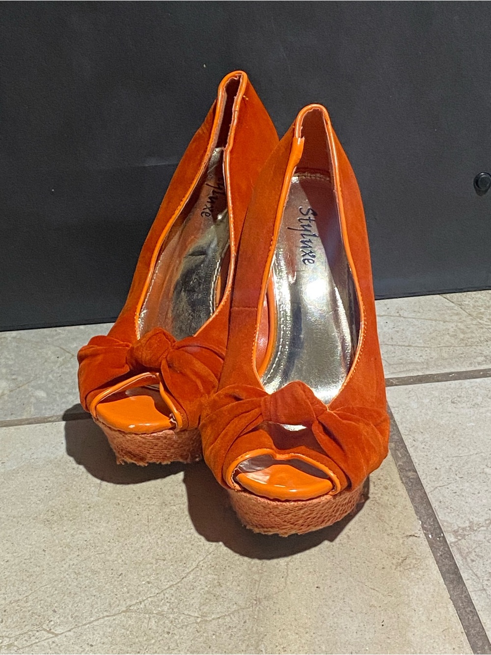Styluxe Bright Orange Suede Peep-Toe Platform Wedges with Bow-Tie Front